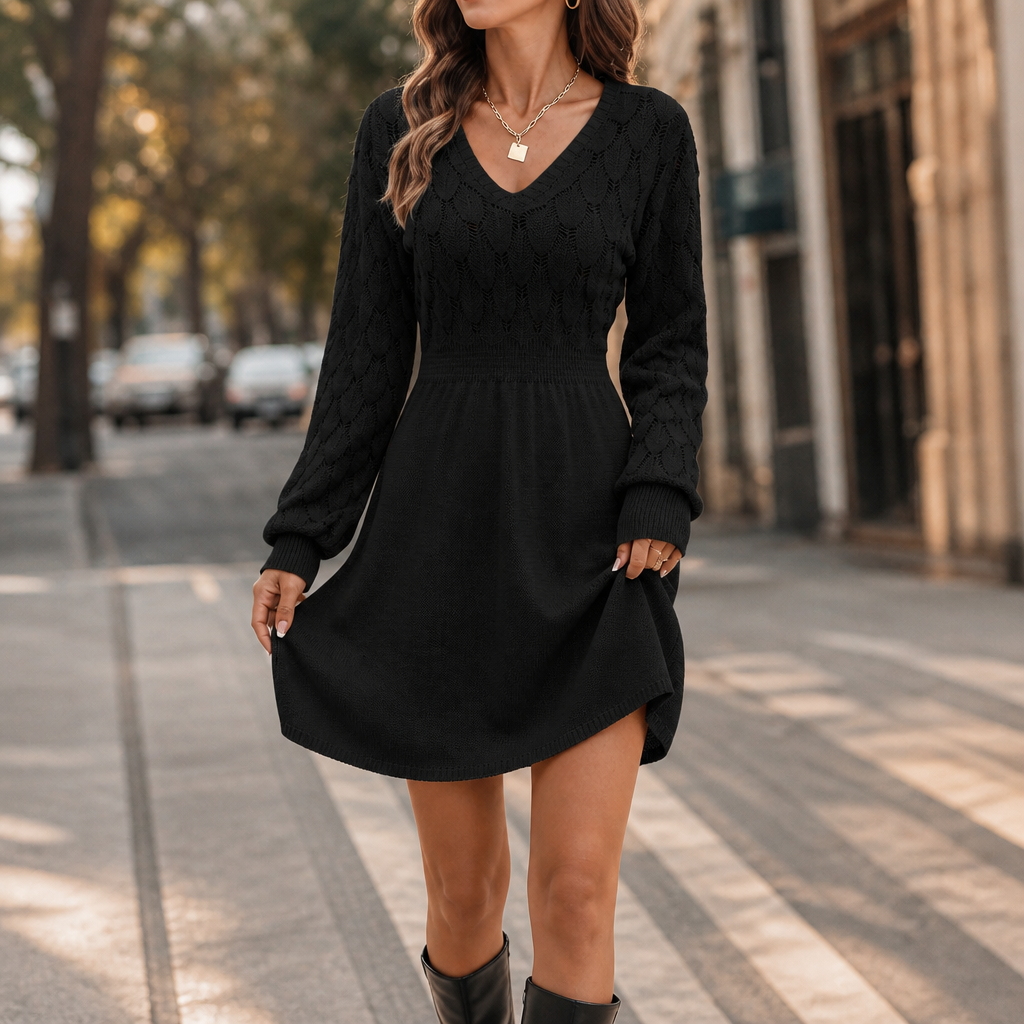 Amelia | Women's V-Neck Jumper Dress | Pointelle Knit · Trendzeo