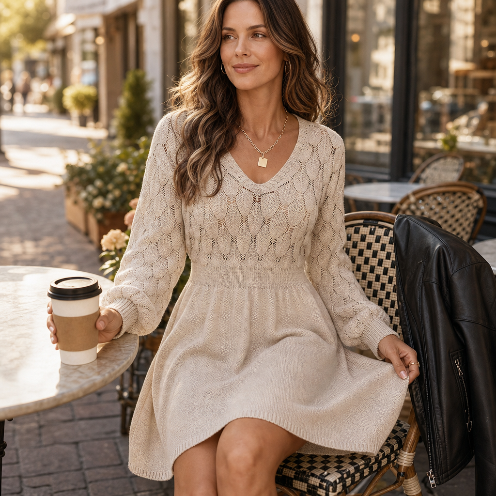 Amelia | Women's V-Neck Jumper Dress | Pointelle Knit · Trendzeo