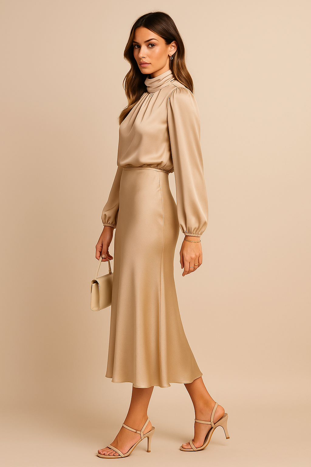 Eleanor | Women's High-Neck Midi Dress | Puff Sleeves · Trendzeo