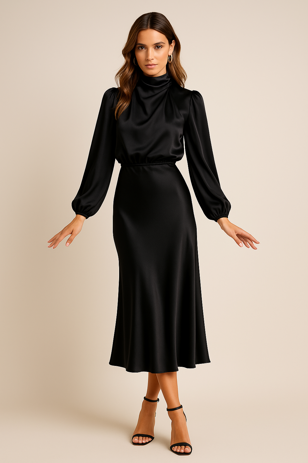 Eleanor | Women's High-Neck Midi Dress | Puff Sleeves · Trendzeo