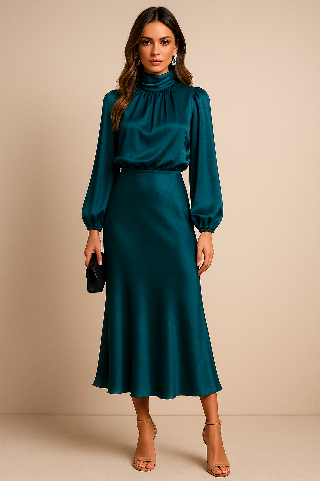 Eleanor | Women's High-Neck Midi Dress | Puff Sleeves · Trendzeo