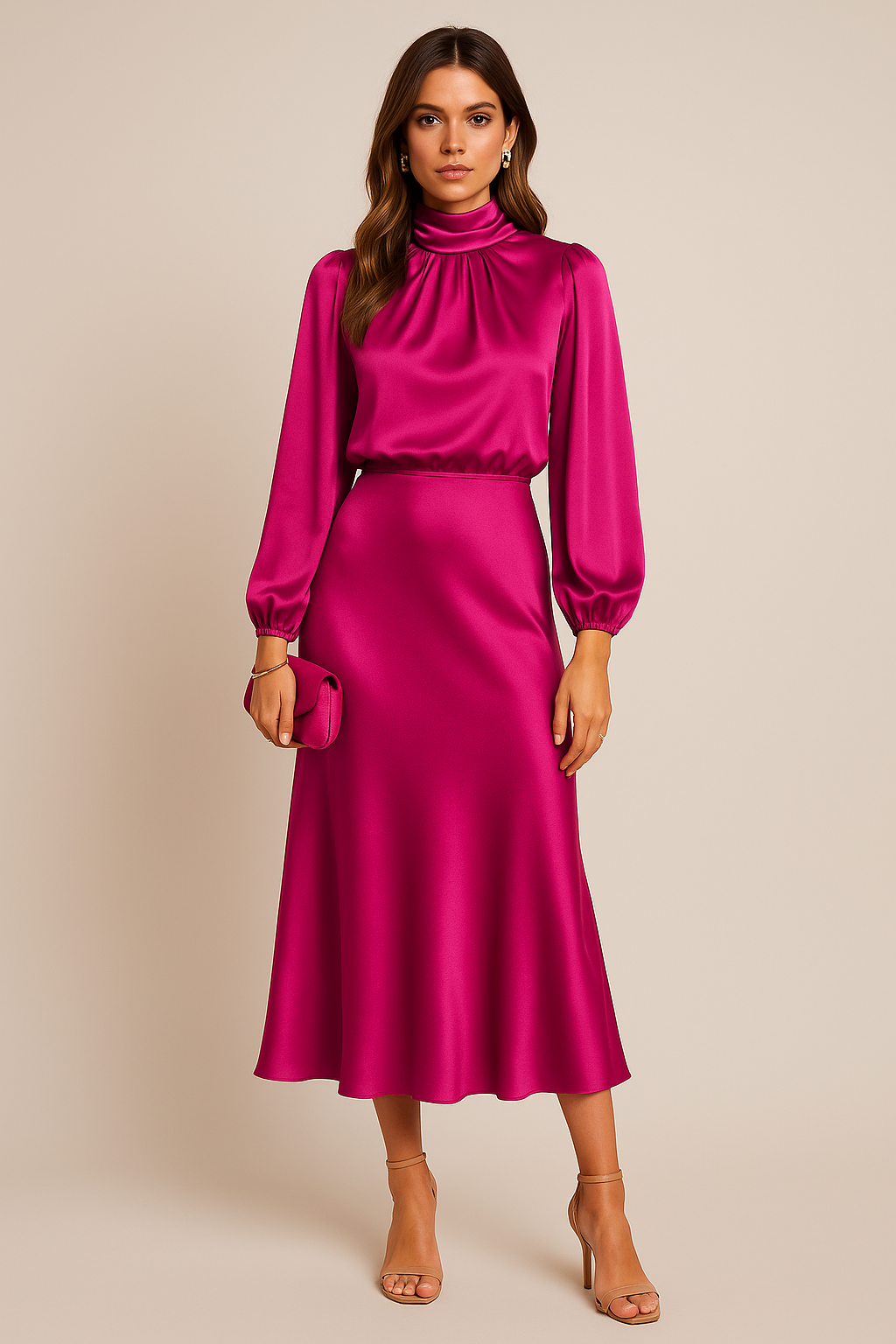 Eleanor | Women's High-Neck Midi Dress | Puff Sleeves · Trendzeo