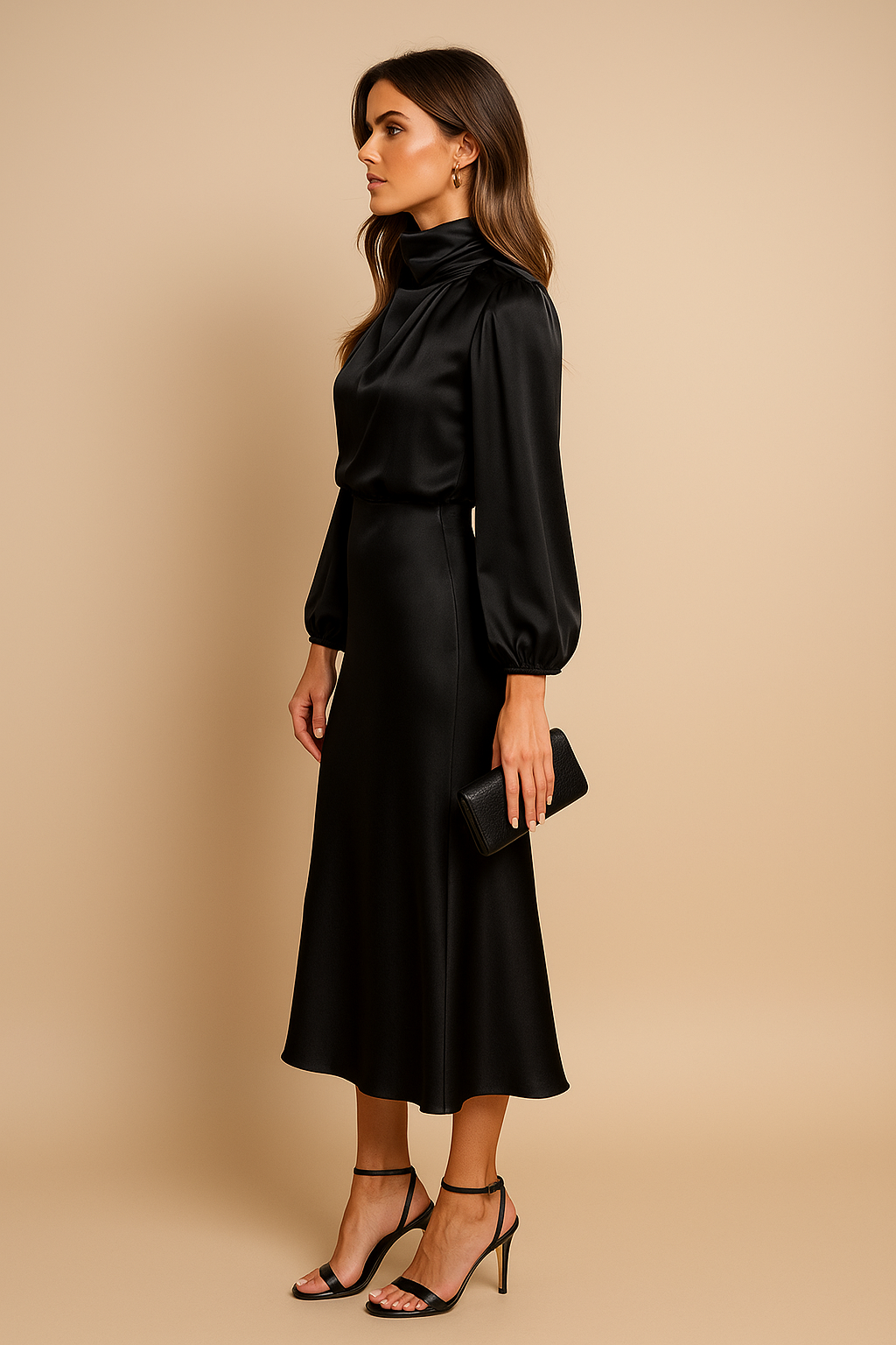 Eleanor | Women's High-Neck Midi Dress | Puff Sleeves · Trendzeo