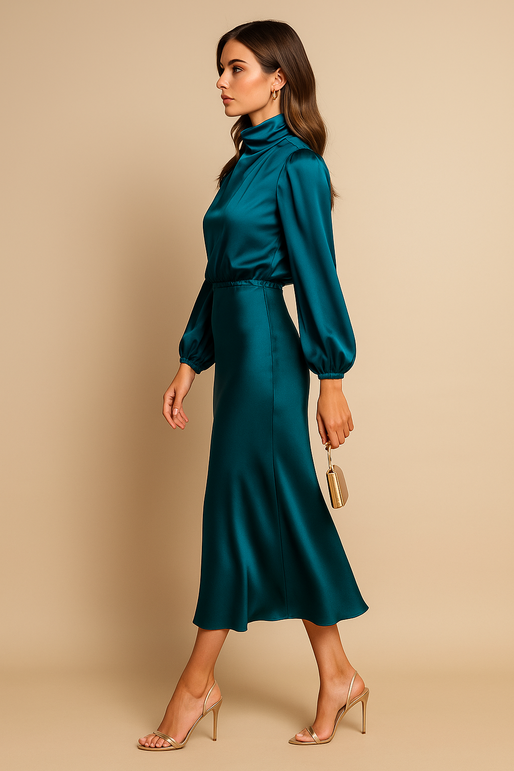 Eleanor | Women's High-Neck Midi Dress | Puff Sleeves · Trendzeo