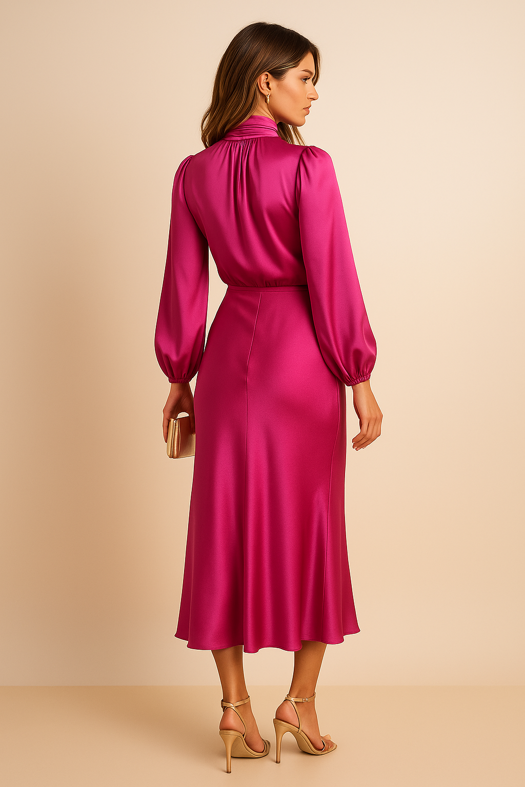 Eleanor | Women's High-Neck Midi Dress | Puff Sleeves · Trendzeo