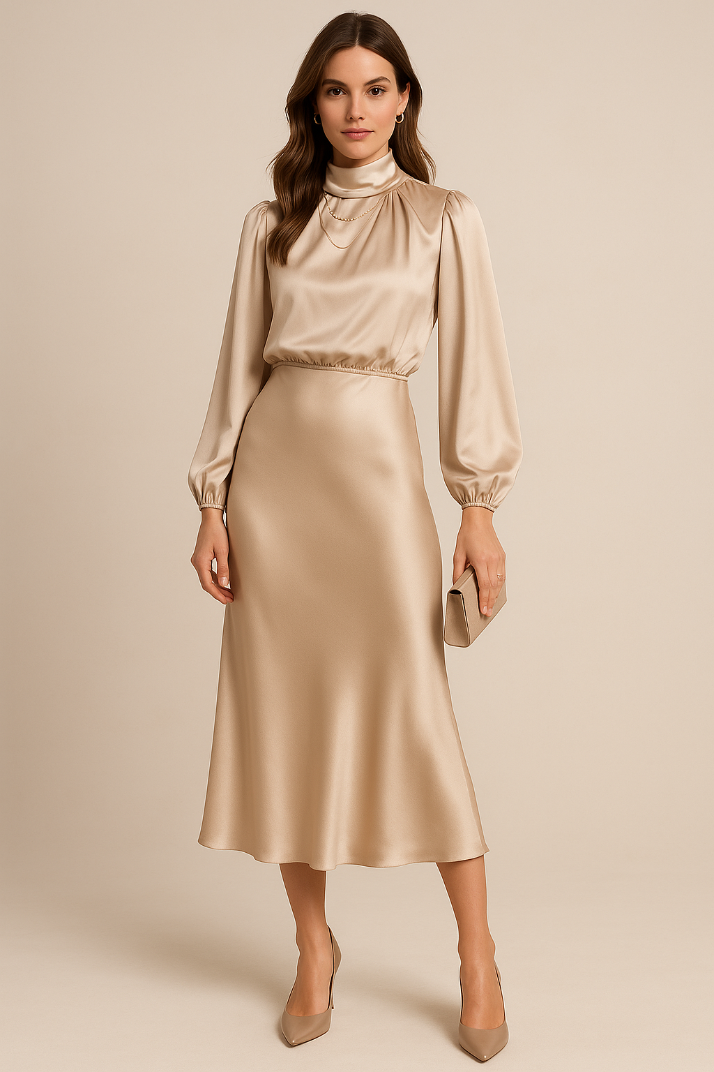 Eleanor | Women's High-Neck Midi Dress | Puff Sleeves · Trendzeo