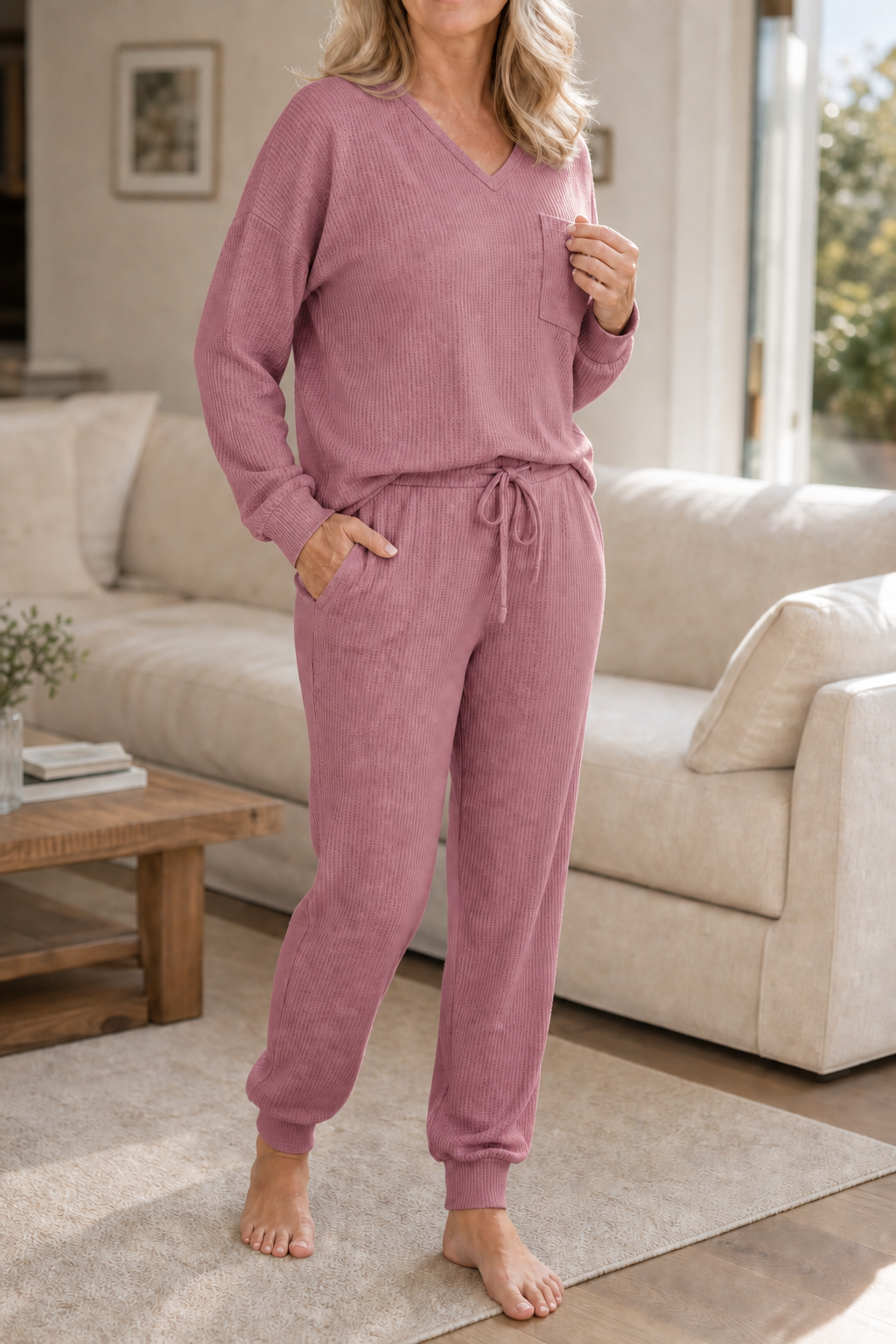 Eleanor | Women's V-Neck Loungewear Set | Drawstring Waist · Trendzeo