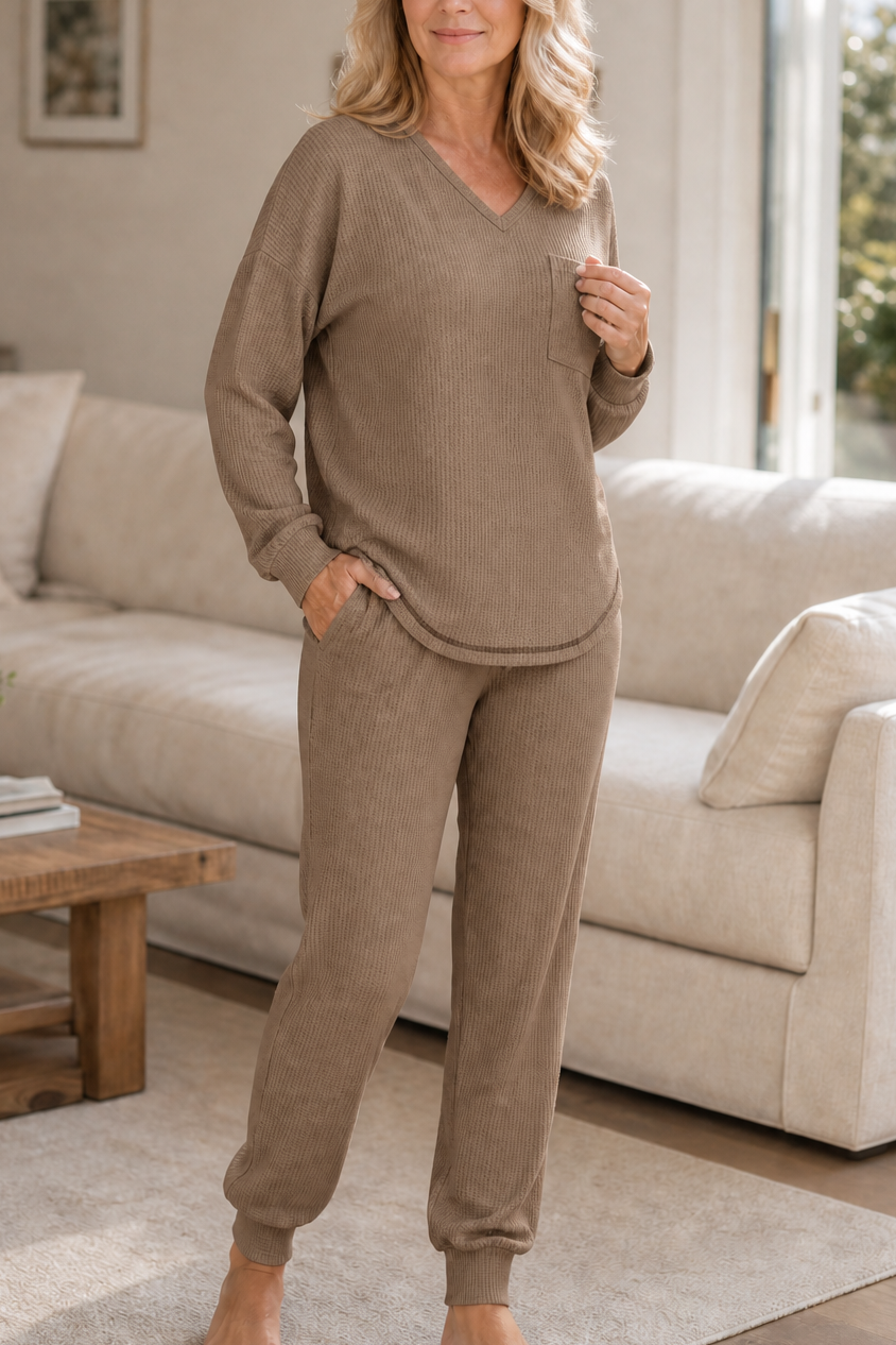 Eleanor | Women's V-Neck Loungewear Set | Drawstring Waist · Trendzeo