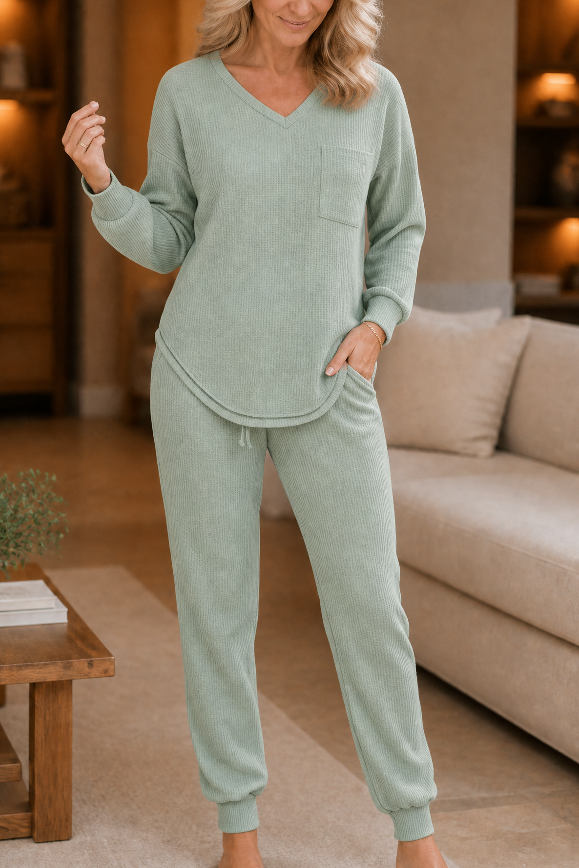 Eleanor | Women's V-Neck Loungewear Set | Drawstring Waist · Trendzeo