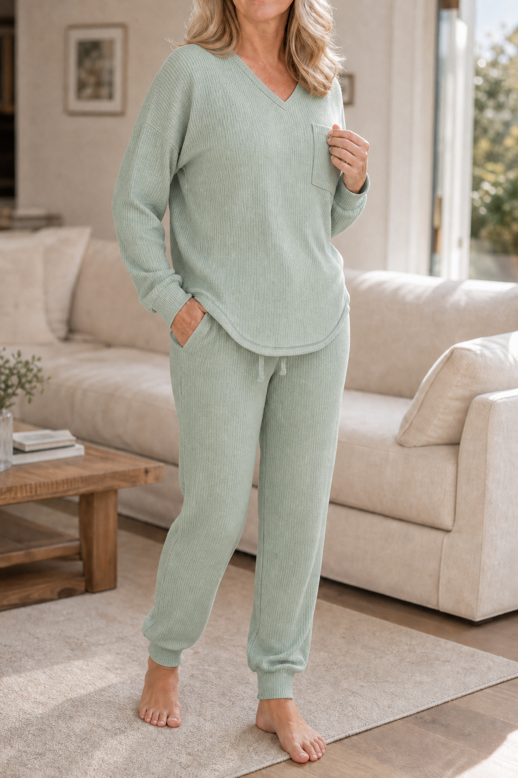 Eleanor | Women's V-Neck Loungewear Set | Drawstring Waist · Trendzeo