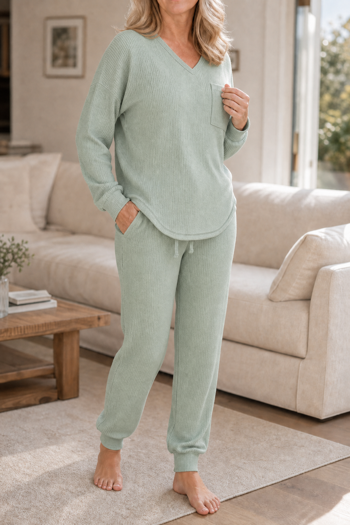 Eleanor | Women's V-Neck Loungewear Set | Drawstring Waist · Trendzeo