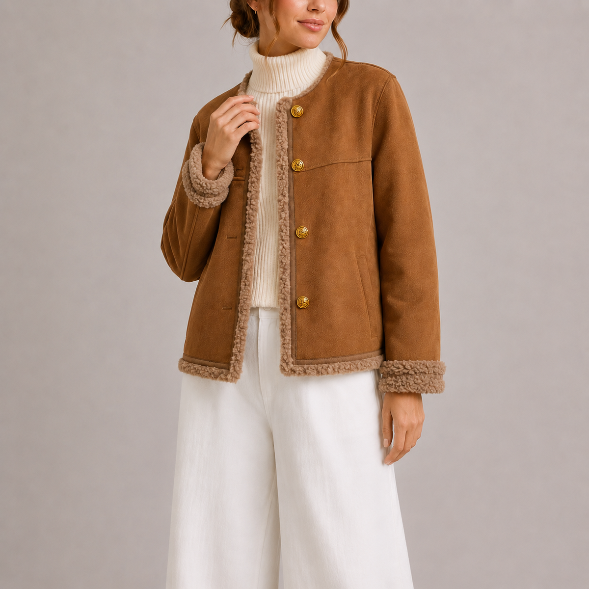 Harriet | Women's Button-Front Jacket | Collarless Neckline · Trendzeo