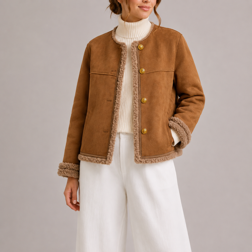 Harriet | Women's Button-Front Jacket | Collarless Neckline · Trendzeo