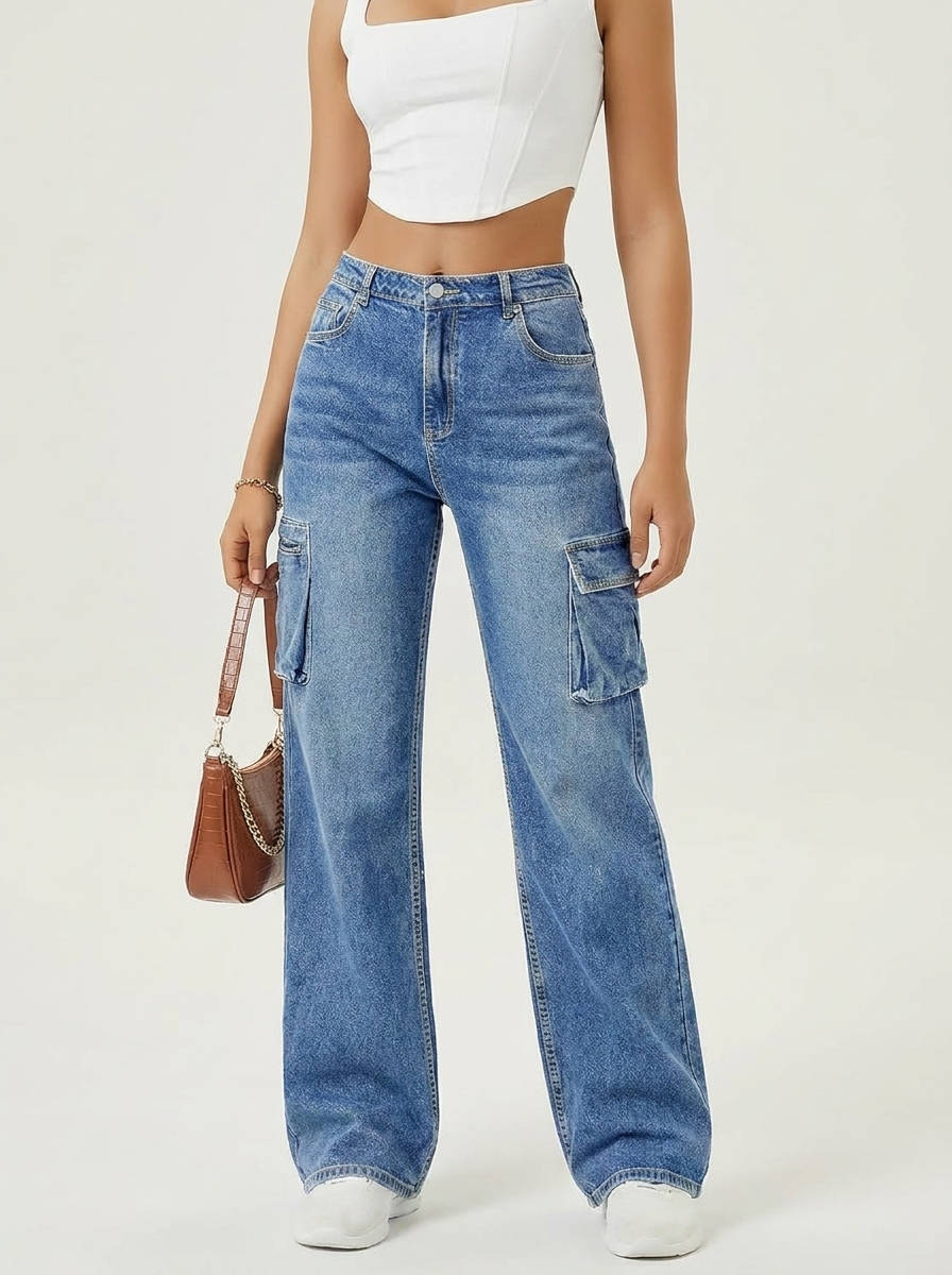 Isla | Women's Wide-Leg Cargo Jeans | Side Pockets · Trendzeo