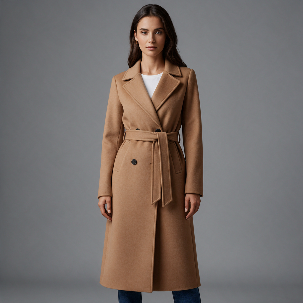 Amelia | Women’s Belted Longline Coat | Button Front Notched Collar-Trendzeo
