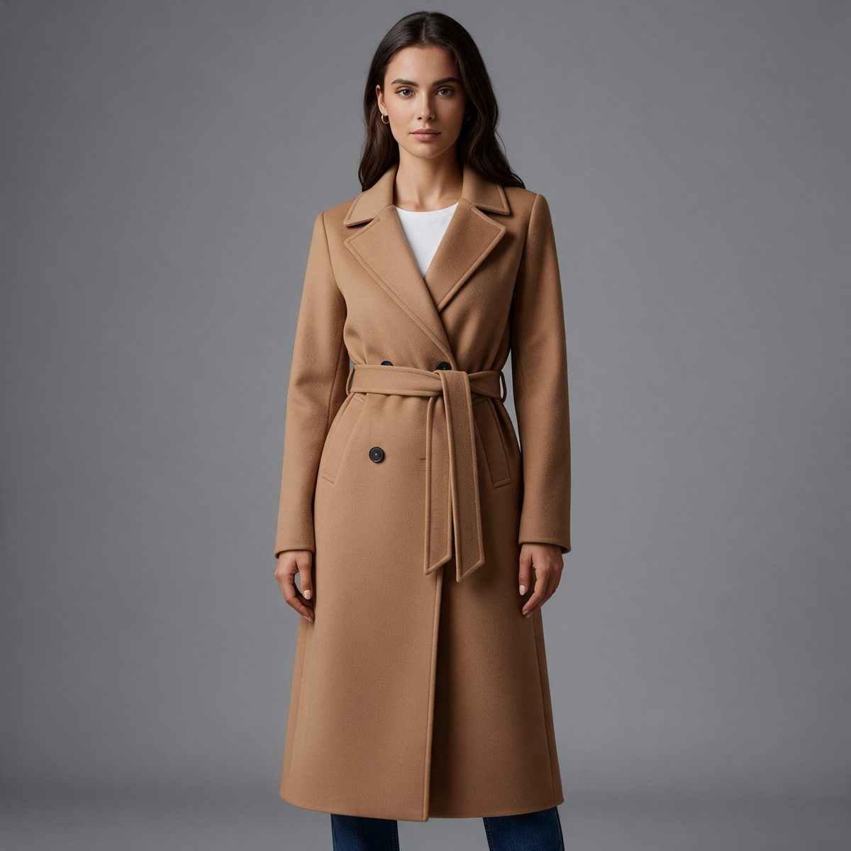 Amelia | Women’s Belted Longline Coat | Button Front Notched Collar-Trendzeo