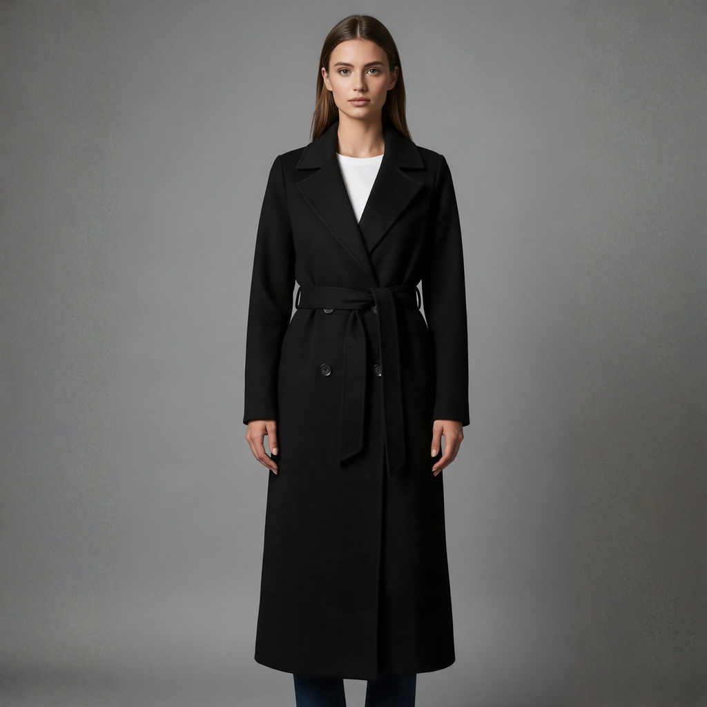Amelia | Women’s Belted Longline Coat | Button Front Notched Collar-Trendzeo