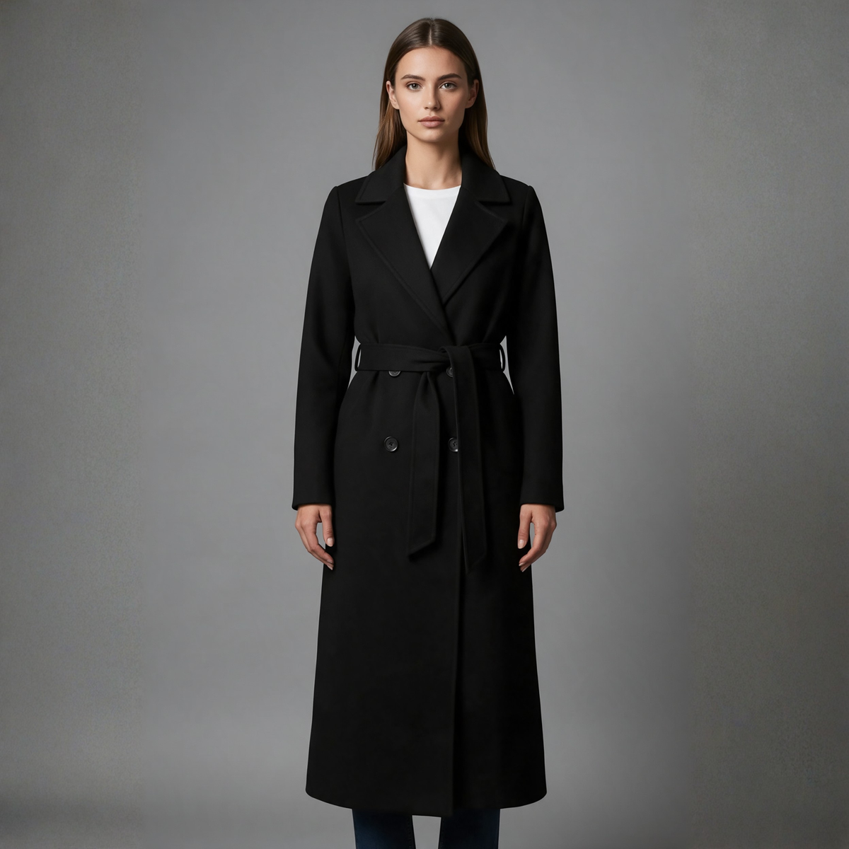 Amelia | Women’s Belted Longline Coat | Button Front Notched Collar-Trendzeo