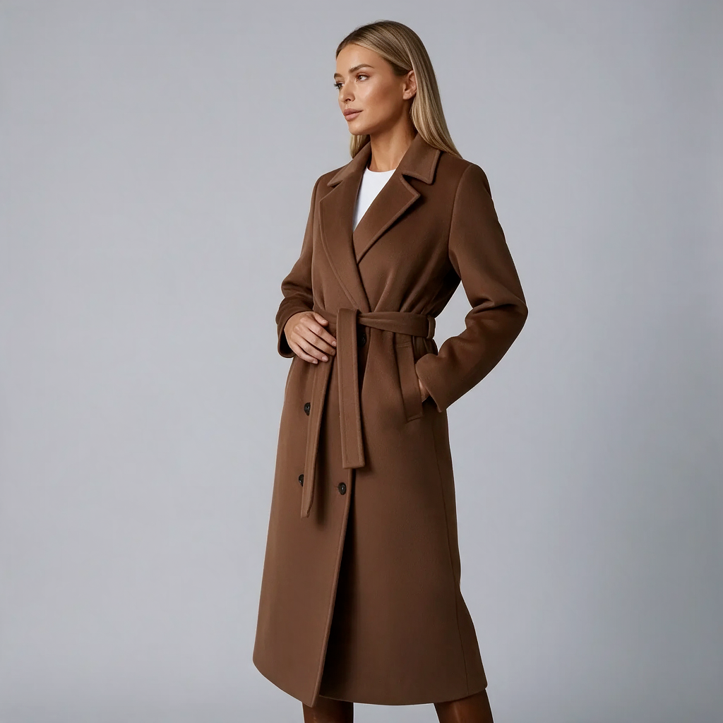Amelia | Women’s Belted Longline Coat | Button Front Notched Collar-Trendzeo