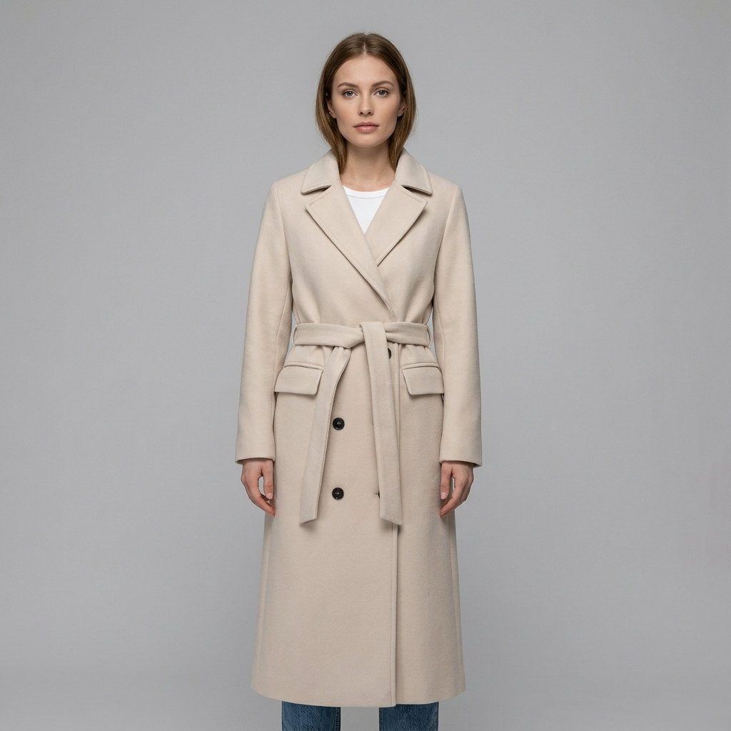 Amelia | Women’s Belted Longline Coat | Button Front Notched Collar-Trendzeo
