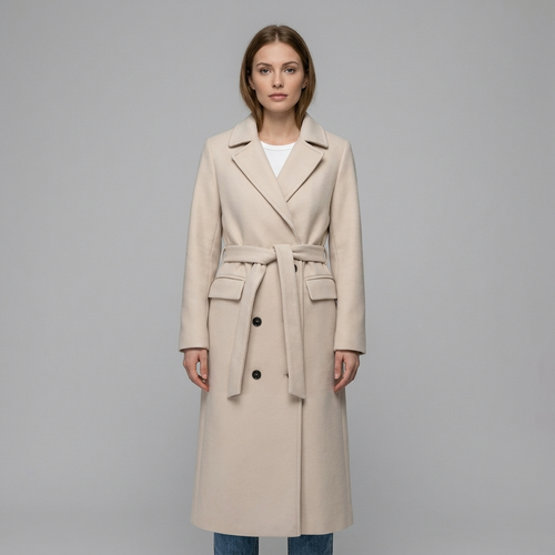 Amelia | Women’s Belted Longline Coat | Button Front Notched Collar-Trendzeo
