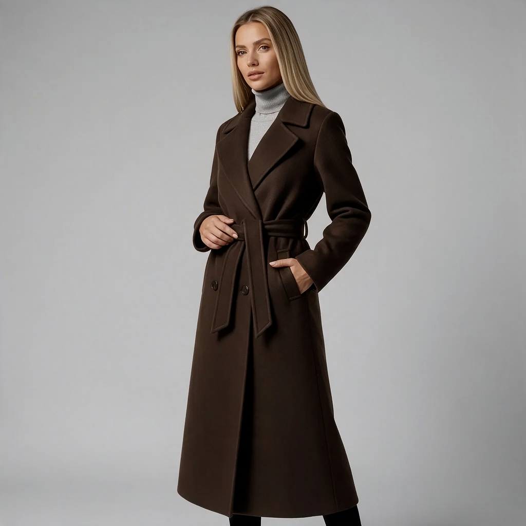 Amelia | Women’s Belted Longline Coat | Button Front Notched Collar-Trendzeo