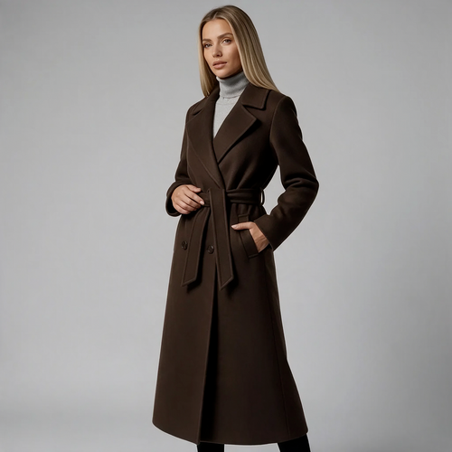 Amelia | Women’s Belted Longline Coat | Button Front Notched Collar-Trendzeo