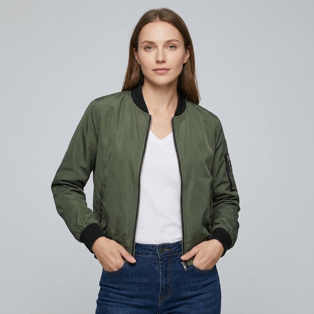 Olivia | Women’s Bomber Jacket | Zip Front Ribbed Trim-Trendzeo